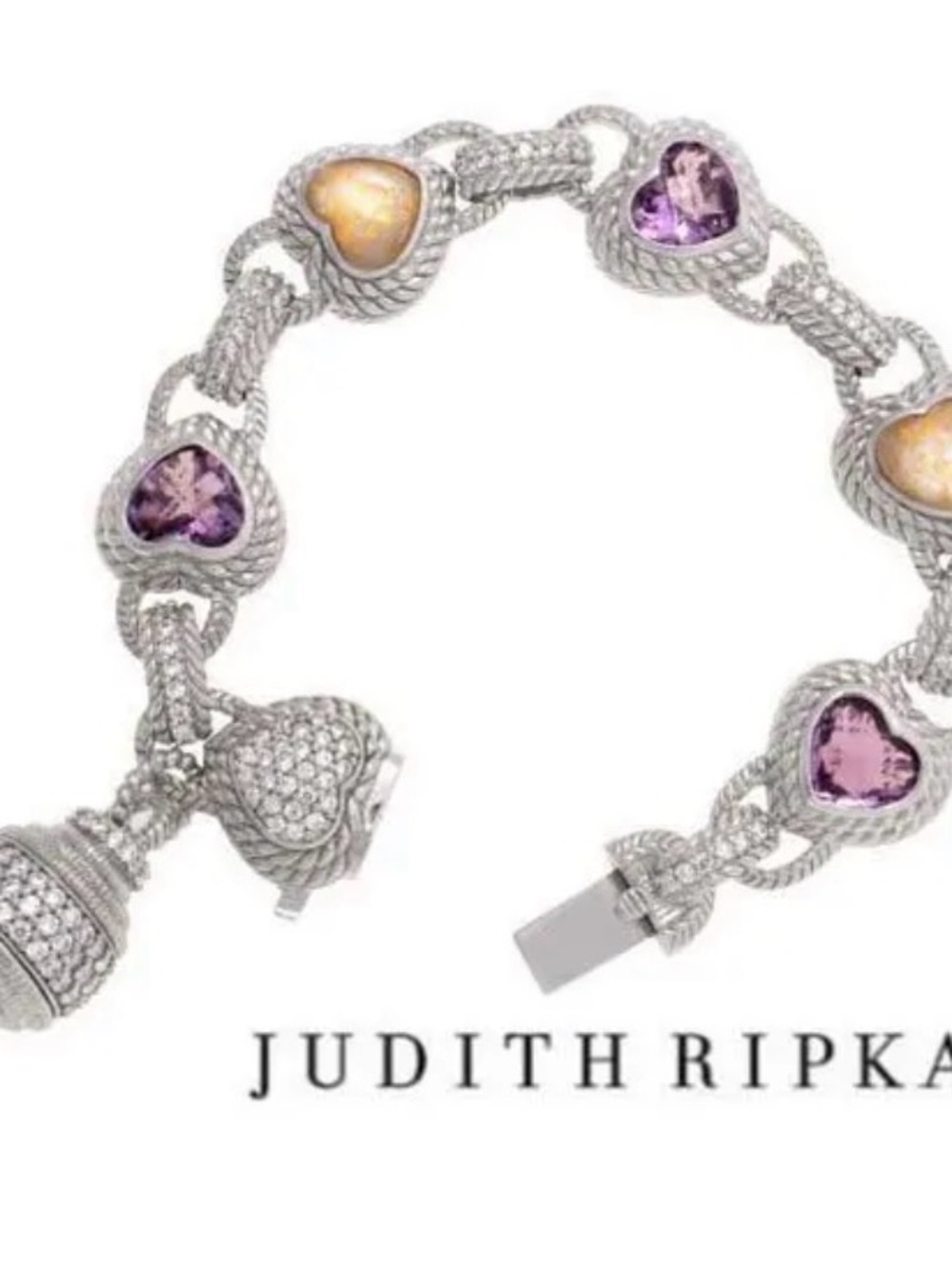 Judith Ripka Heart Link Silver Bracelet with Amethyst  and Champagne Heart Stone